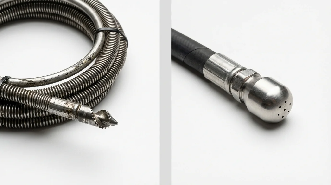 Drain snake cable and hydro jetting nozzle used for drain cleaning in Somerville, NJ