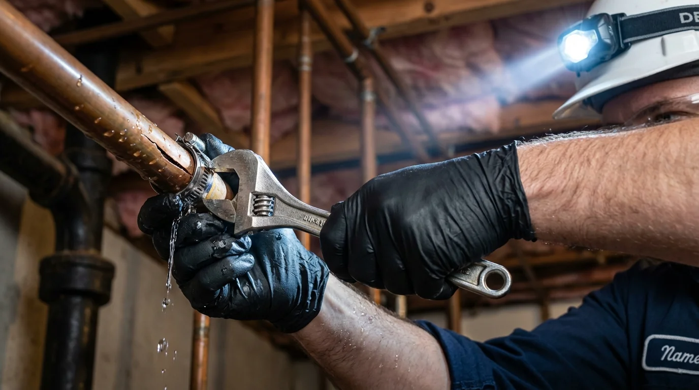 Emergency pipe clamp repair being performed by a Johns Plumbing LLC plumber in Somerville