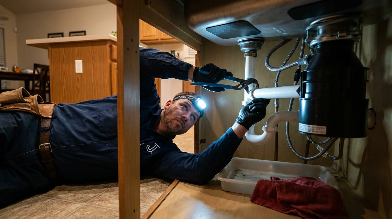 P-trap and supply line connections under a kitchen sink showing a common leak point in Somerville, NJ
